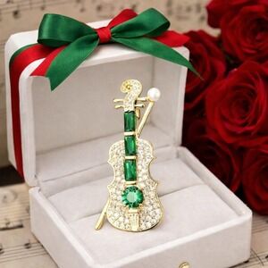 Brooch Green & Gold Rhinestone Violin‎ Pin